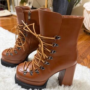 Brown Lace-Up Platform Combat Boots